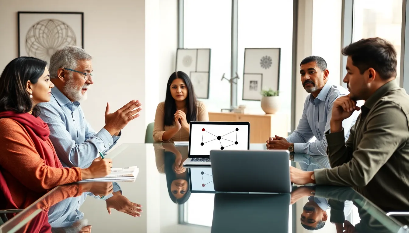diverse scholars discussing philosophical concepts in a modern office setting.